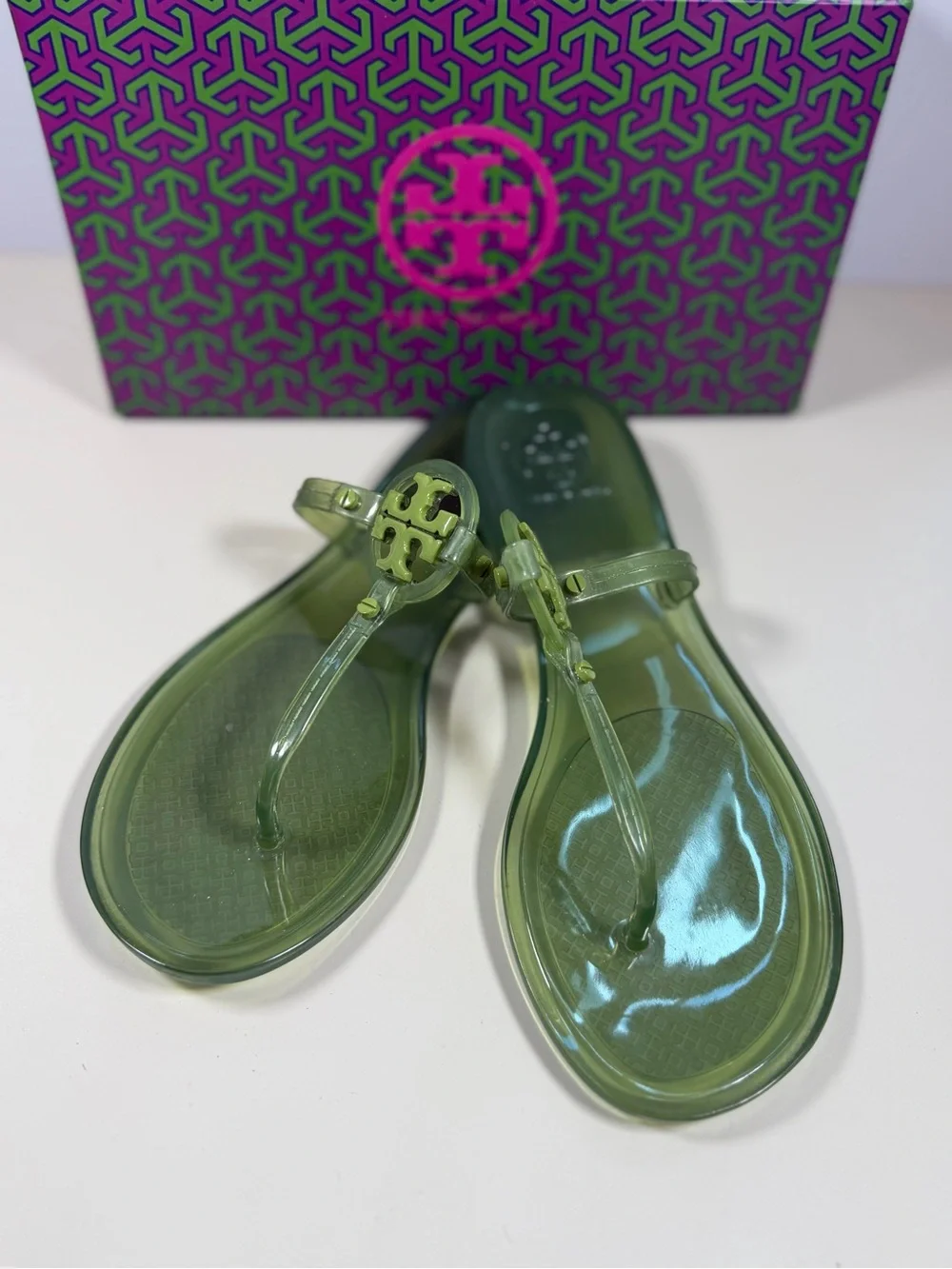 Tory Burch Olive Green Jelly Logo Thong Sandals